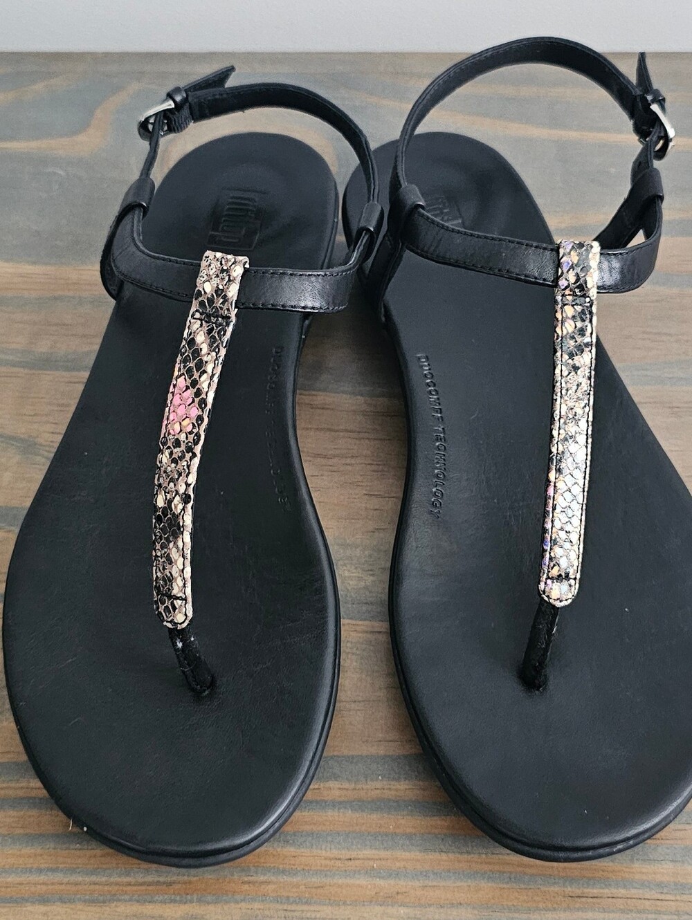 FitFlop Black T-Strap Sandals with Snakeskin Accent